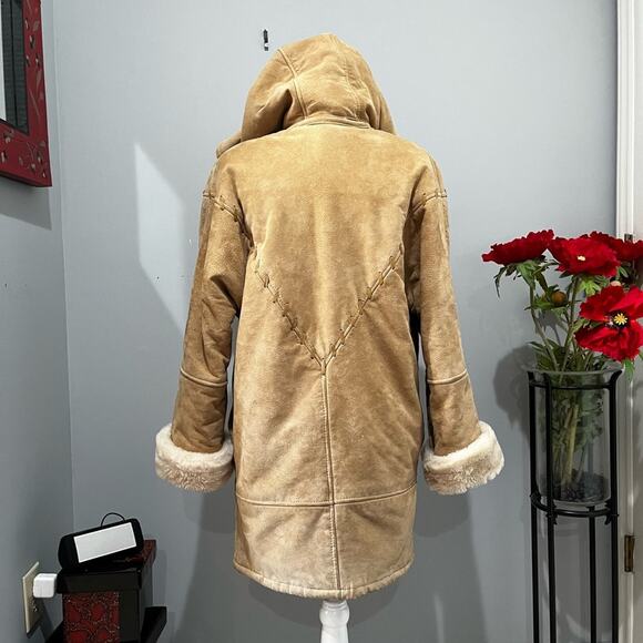 VINTAGE Charles Klein Suede Sherpa Hooded Longline Whipstitch Winter Car Coat XS - Picture 3 of 16